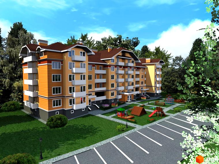 Житловий комплекс на вул. Мечникова, 103. П'ятиповерховий будинок жовтого кольору з коричневим дахом, балконами та дитячим майданчиком поруч.