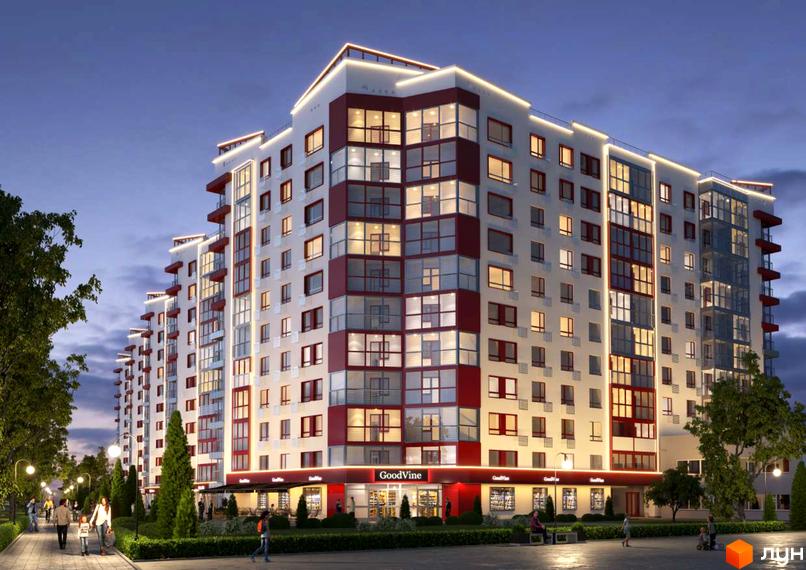 Зовнішній вигляд житлового комплексу Європейський з червоними та білими фасадами, скляними балконами та підсвіткою по периметру. На передньому плані доглянута прибудинкова територія з деревами та алеєю для прогулянок.