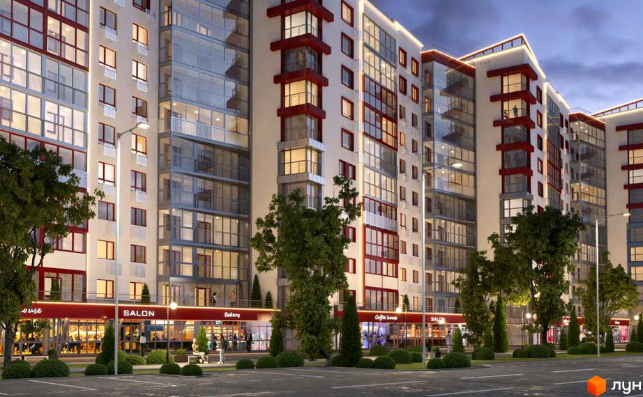 Зовнішній вигляд житлового комплексу Європейський з фасадами, балконами та комерційними приміщеннями на першому поверсі. Навколо комплексу розташовані дерева та освітлення.