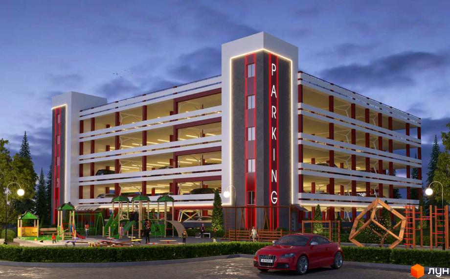 Зображення багаторівневого паркінгу Житлового комплексу Європейський з дитячим майданчиком та червоним авто на передньому плані.