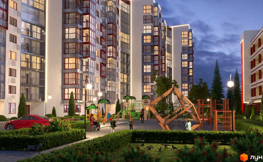 Зображення фасаду та дитячого майданчика Житлового комплексу Європейський. Вигляд новобудови та прибудинкової території.