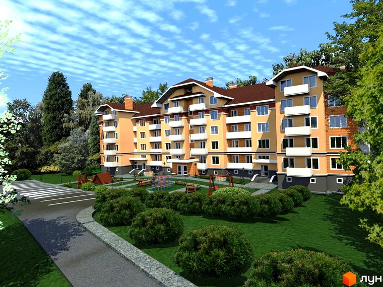 Зовнішній вигляд житлового комплексу на вул. Мечникова, 103, з фасадом оранжевого кольору та балконами. На прибудинковій території розташовані дитячий майданчик та зелені насадження.