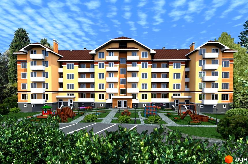 Фасад житлового комплексу на вул. Мечникова, 103, з балконами та вікнами. Прибудинкова територія з дитячим майданчиком та зеленими зонами.