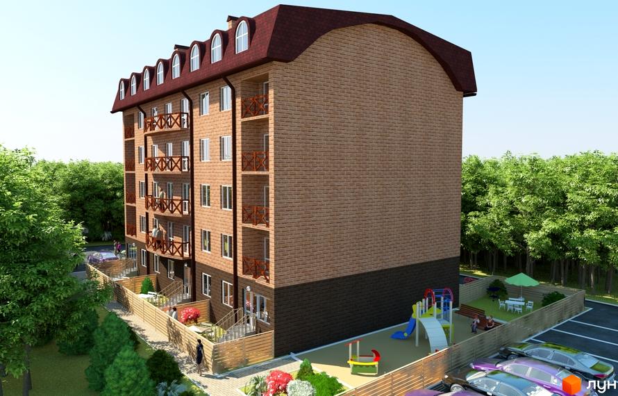 Зовнішній вигляд Житлового комплексу Дубовий Гай: цегляний будинок з мансардою та балконами. Біля будинку є дитячий майданчик та місця для паркування.