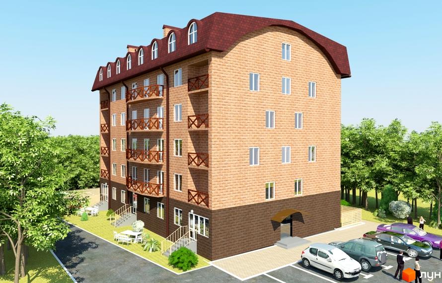 Житловий комплекс Дубовий Гай: цегляний будинок з балконами та мансардними вікнами, поруч зелена зона з альтанками та парковка з автомобілями.