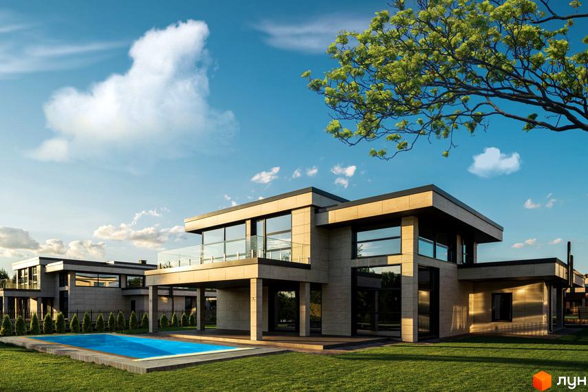 Котеджне містечко DAMBA RIVER PARK з басейном та доглянутою прибудинковою територією. Сучасна архітектура будинків з великими вікнами та скляними балконами.