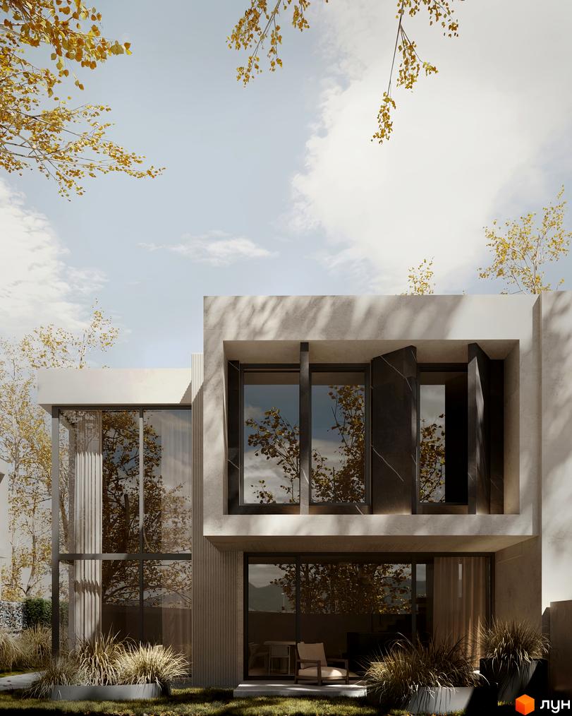 Котеджне містечко КМ SHERWOOD. Фасад будинку з великими вікнами та темними елементами, відображенням дерев. Прибудинкова територія з травою та рослинами.