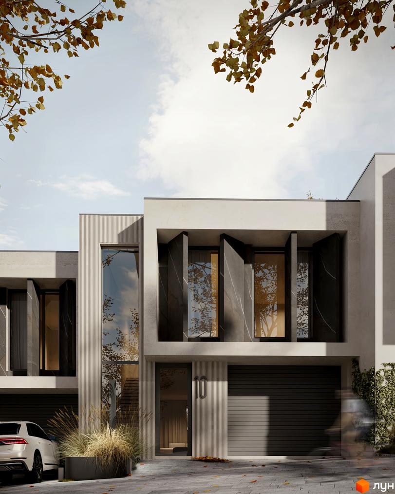 Котеджне містечко КМ SHERWOOD. Сучасний дизайн фасадів з великими вікнами та темними елементами. Біля будинку розташований білий автомобіль та зелені насадження.