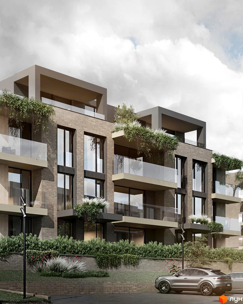 Зовнішній вигляд новобудови ЖК SHERWOOD з цегляним фасадом, скляними балконами та зеленню. Прибудинкова територія з ландшафтним дизайном та автомобілем біля будинку.