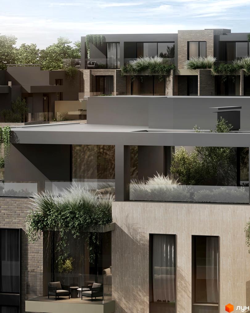 Житловий комплекс SHERWOOD: фасади будівель з цегляним оздобленням, великими вікнами та озелененими терасами. На терасах розташовані зони відпочинку з меблями.