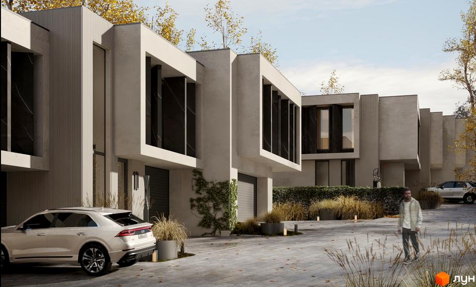 Котеджне містечко КМ SHERWOOD з сучасними фасадами та великими вікнами. Прибудинкова територія з доглянутими рослинами та автомобілями.