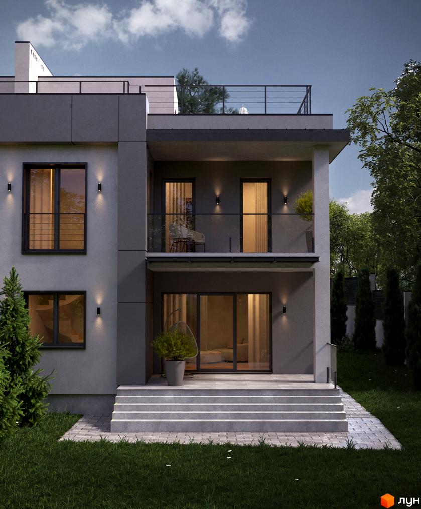 Будинок Vysoka Duplex з великими вікнами та балконом, перед ним сходи та доглянутий газон.