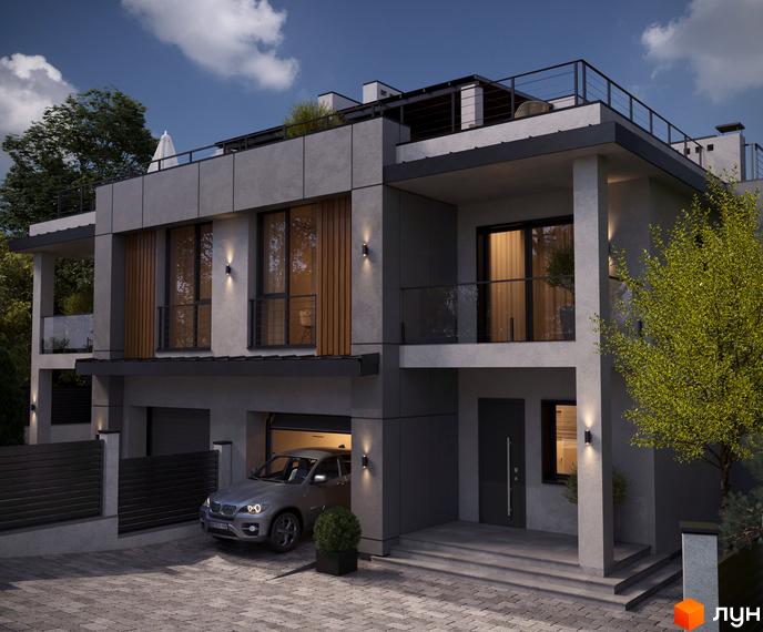 Сучасний дуплекс Vysoka Duplex з гаражем та прибудинковою територією. Зовнішній вигляд будинку з великими вікнами та балконами.