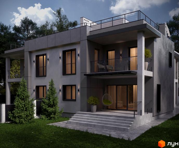 Vysoka Duplex - двоповерховий будинок з великими вікнами та балконами, оточений зеленою галявиною та деревами.