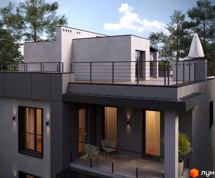 Зовнішній вигляд дуплексів Vysoka Duplex з терасами та балконами. Навколо будинку ростуть дерева, на терасі стоїть парасолька.