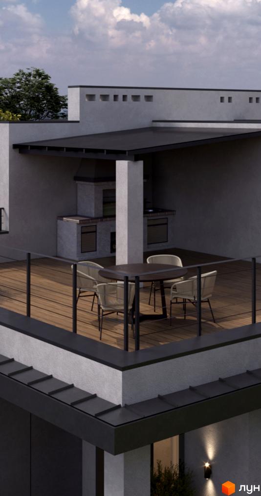 Тераса з зоною барбекю та меблями для відпочинку у житловому комплексі Vysoka Duplex. Зовнішній вигляд будинку з сучасною архітектурою.