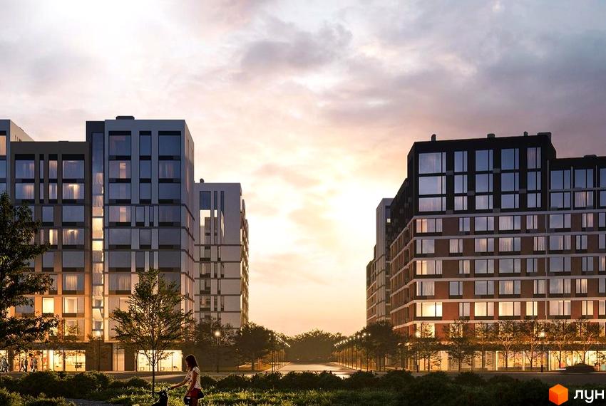 Житловий комплекс Євромісто 2. Сучасні багатоповерхові будинки з великою кількістю вікон та доглянутою прибудинковою територією з деревами та освітленням.