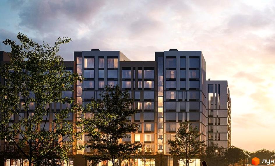 Сучасний житловий комплекс Євромісто 2 з панорамними вікнами та озелененою територією. Зовнішній вигляд будівель та прибудинкова територія.
