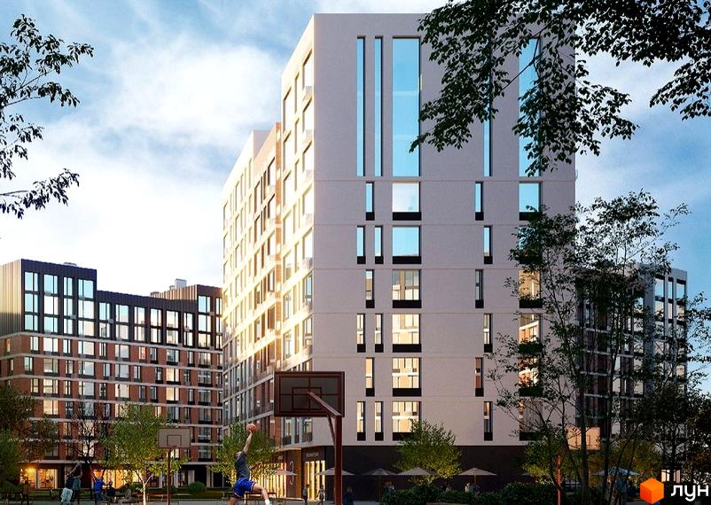 Житловий комплекс Євромісто 2 з цегляним фасадом та баскетбольним майданчиком. Навколо будівель зелені дерева та зона відпочинку.