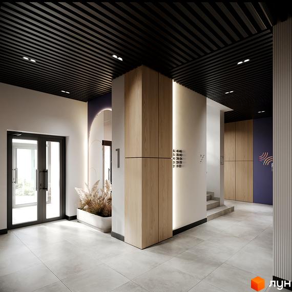 Інтер'єр холу в ЖК Felicity з оздобленням з дерева та світлодіодним підсвічуванням. Просторий хол з великими вікнами та рослинами.