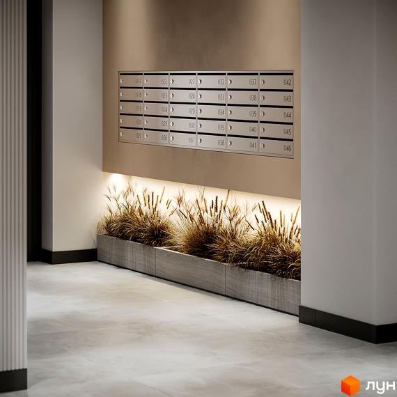 Коридор житлового комплексу з поштовими скриньками, рослинами та підсвічуванням. ЖК Felicity - ваш новий дім!