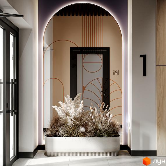 Вхідна група ЖК Felicity з арковим дзеркалом, геометричними візерунками на стіні та декоративними рослинами. Інтер'єр холу з номером квартири 1.