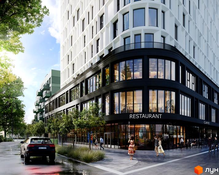 Житловий комплекс Felicity з панорамними вікнами та рестораном на першому поверсі. Благоустрій прибудинкової території з алеями та зеленими насадженнями.