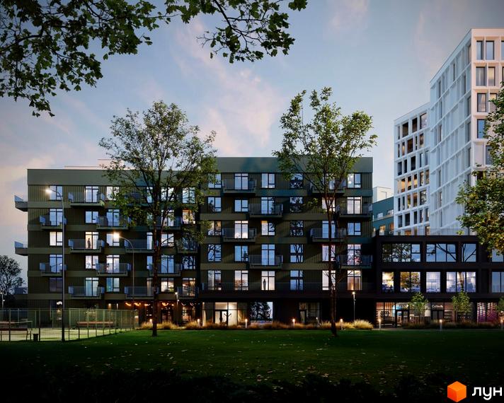 Житловий комплекс Felicity: багатоповерховий будинок з темним фасадом, балконами та вікнами. Навколо зелений газон, дерева та спортивний майданчик.