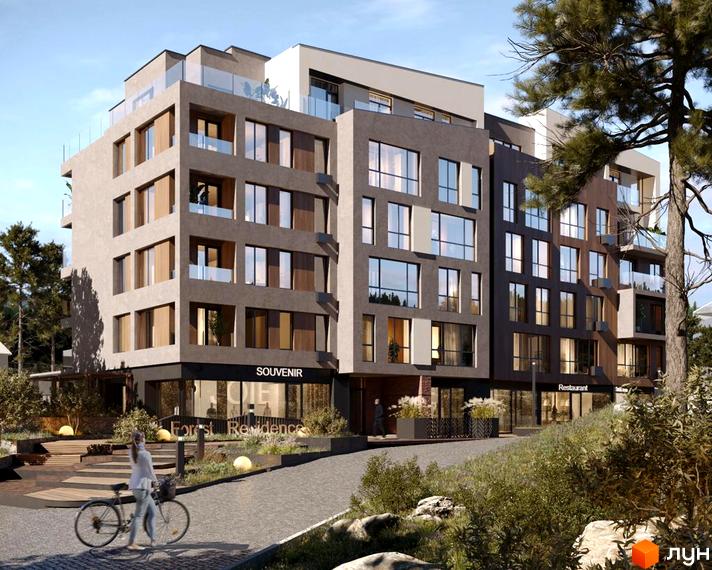 Зображення ЖК Forest Residence Polyana. Багатоповерховий будинок з великими вікнами та комерційними приміщеннями на першому поверсі. На території є зелені насадження та пішохідна зона.