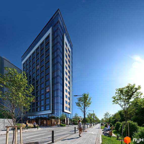 The Five Hotel - це новобудова з панорамними вікнами та білою обробкою фасаду, розташована вздовж вулиці з тротуаром, деревами та місцями для відпочинку.