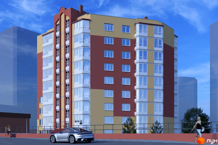 Зовнішній вигляд новобудови на вул. Галицька, 9 з елегантним фасадом та прибудинковою територією з автомобілем та пішоходами.