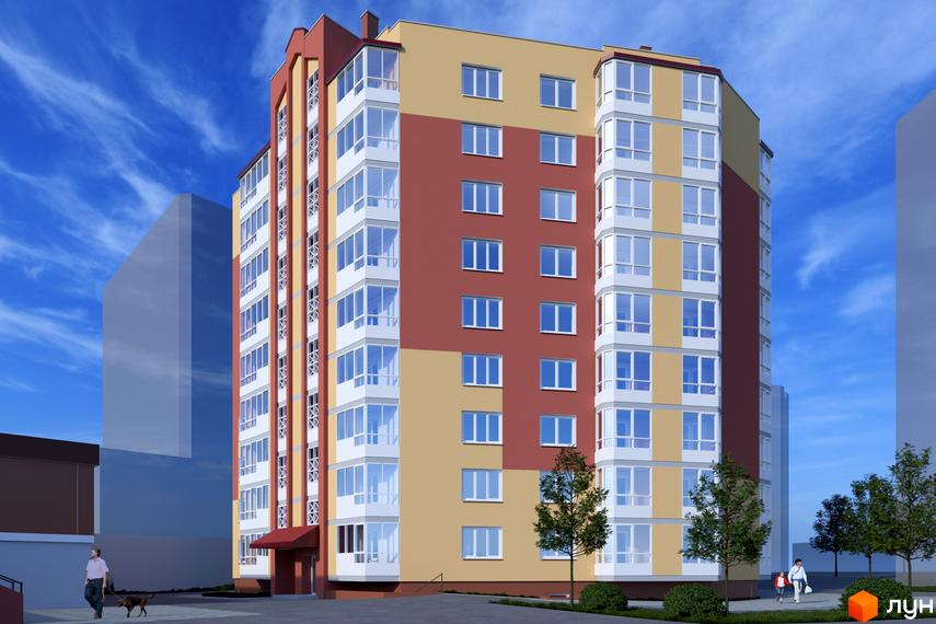 Новобудова на вул. Галицька, 9 з фасадом у червоних та бежевих тонах, великими вікнами та заскленими балконами. Навколо будинку зелені насадження та доріжки.