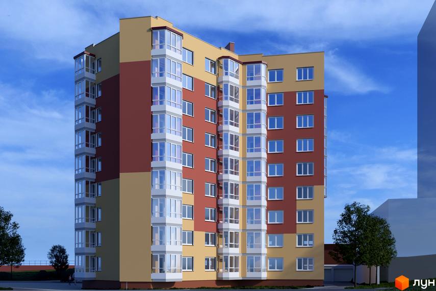 Зовнішній вигляд новобудови на вулиці Галицькій, 9, з багатоповерховими будинками та скляними балконами. Навколо будівлі розташовані дерева та зелена зона.