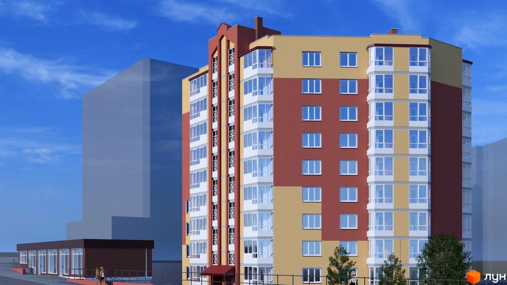 Житловий комплекс на вулиці Галицькій, 9 - це багатоповерхова новобудова з фасадами двох кольорів: червоного та жовтого, з великою кількістю скляних балконів. Поруч розташована одноповерхова будівля з великими вікнами та зона відпочинку з деревами.