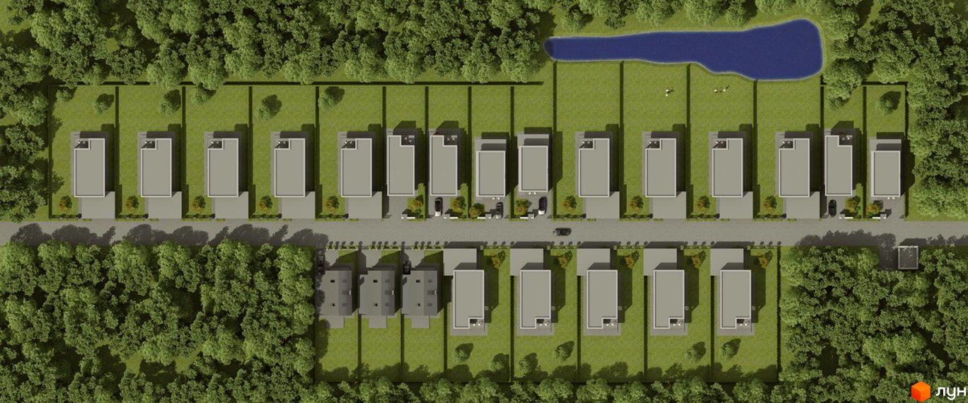 Котеджне містечко BritanHouse: вид зверху на ряди сірих будинків з пласкими дахами та прибудинковою територією з деревами та озером.