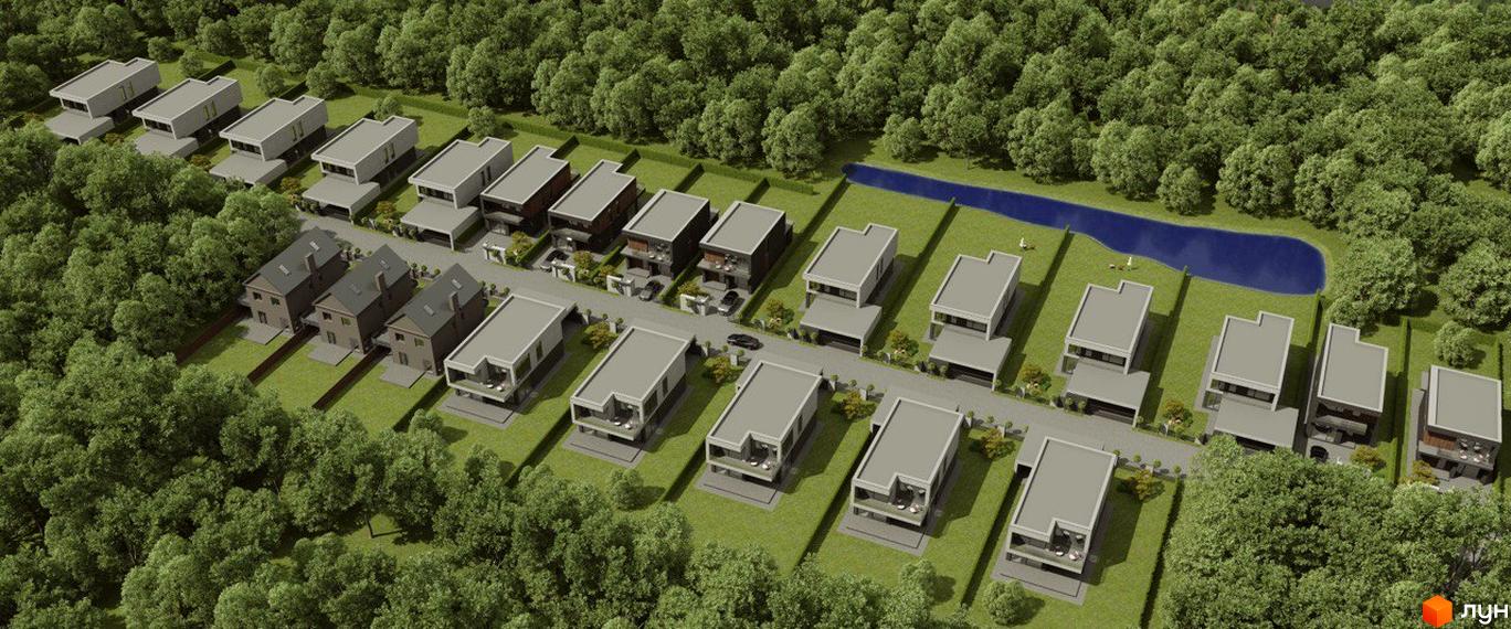 Котеджне містечко BritanHouse. Двоповерхові будинки з плоскими дахами та терасами, доглянута прибудинкова територія з газонами та деревами.