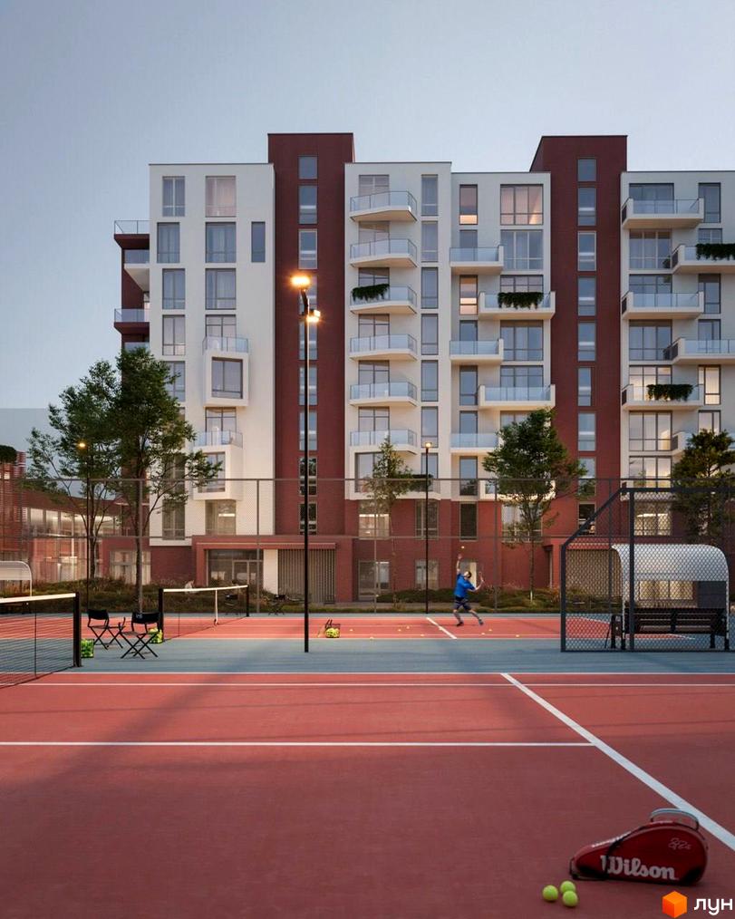 Житловий комплекс Prostir: багатоповерховий будинок з червоними та білими фасадами, балконами та великими вікнами, розташований біля тенісних кортів з гравцем.
