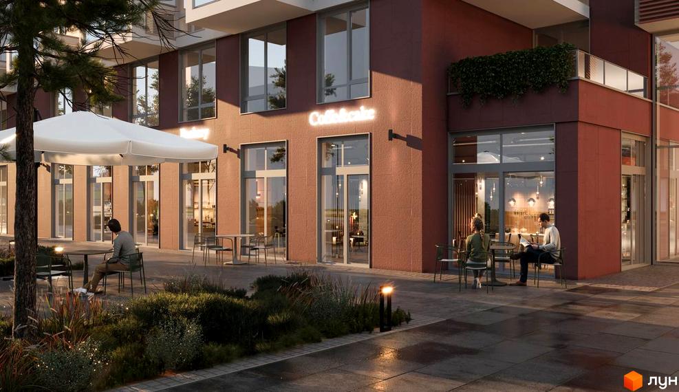 Житловий комплекс Prostir: фасади будівель з великими вікнами та кафе на першому поверсі. Прибудинкова територія з деревами та місцями для відпочинку.