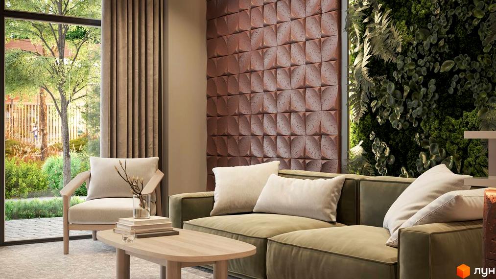 Вітальня з диваном та кріслом біля вікна з видом на зелене подвір'я. Дизайн інтер'єру ЖК Prostir.