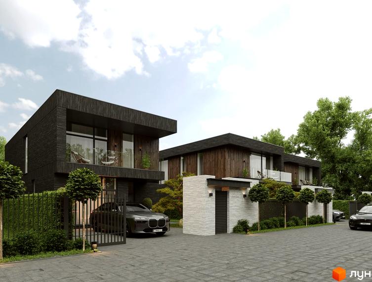 Чорний будинок з великими вікнами та балконом. На території Містечко котеджів BritanHouse є парковка та зелені насадження.