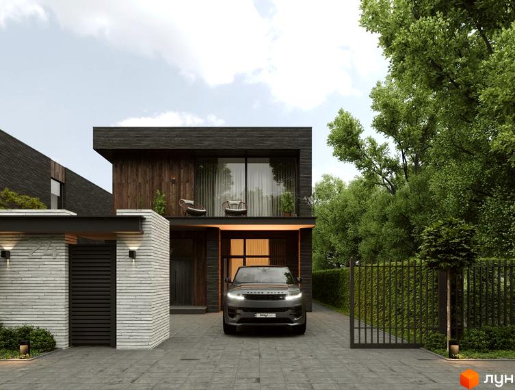 Двоповерховий будинок з темним фасадом та дерев'яними вставками. Перед будинком розташована доглянута прибудинкова територія з парковкою та котеджне містечко BritanHouse.