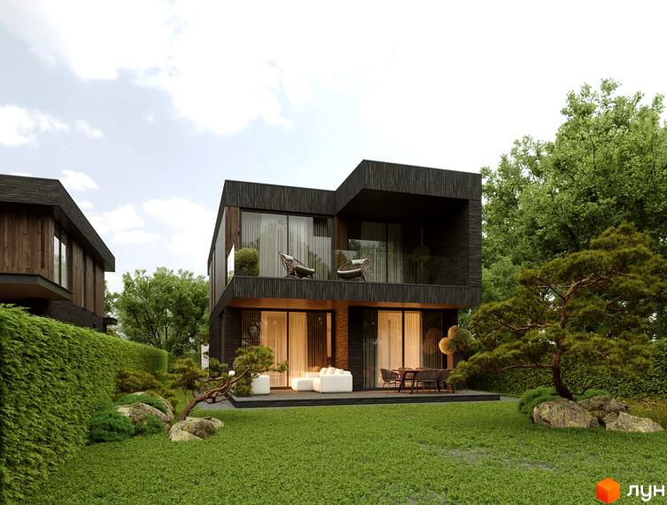 Котеджне містечко BritanHouse: двоповерхові будинки з темними фасадами та скляними балконами на тлі зеленого саду та доглянутого газону.