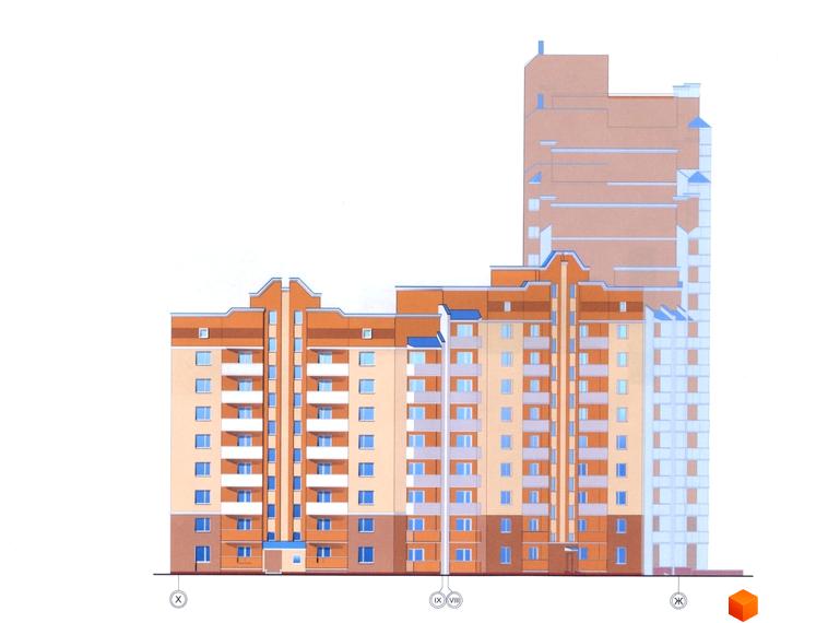 Фасад житлового комплексу на вул. Вишнева / Нове шосе / вул. Хмельницького. Будівельний проєкт із багатоповерховими будинками та балконами.