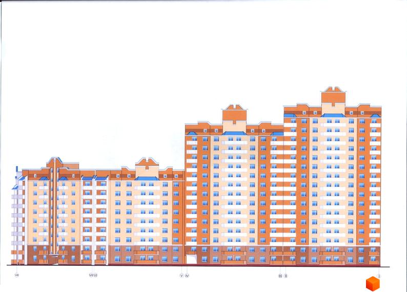Фасад житлового комплексу на вул. Вишнева / Нове шосе / вул. Хмельницького. Багатоповерховий будинок з цегляним оздобленням та блакитними вікнами.