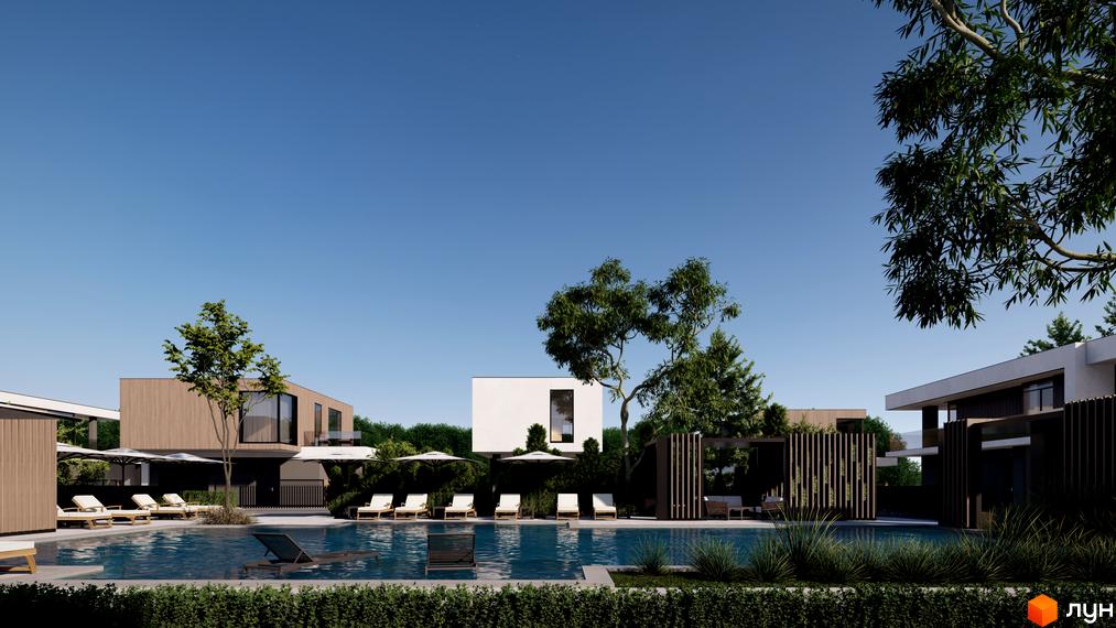 Котеджне містечко КМ San Marco. Сучасні будинки з дерев'яним оздобленням та басейном з шезлонгами.