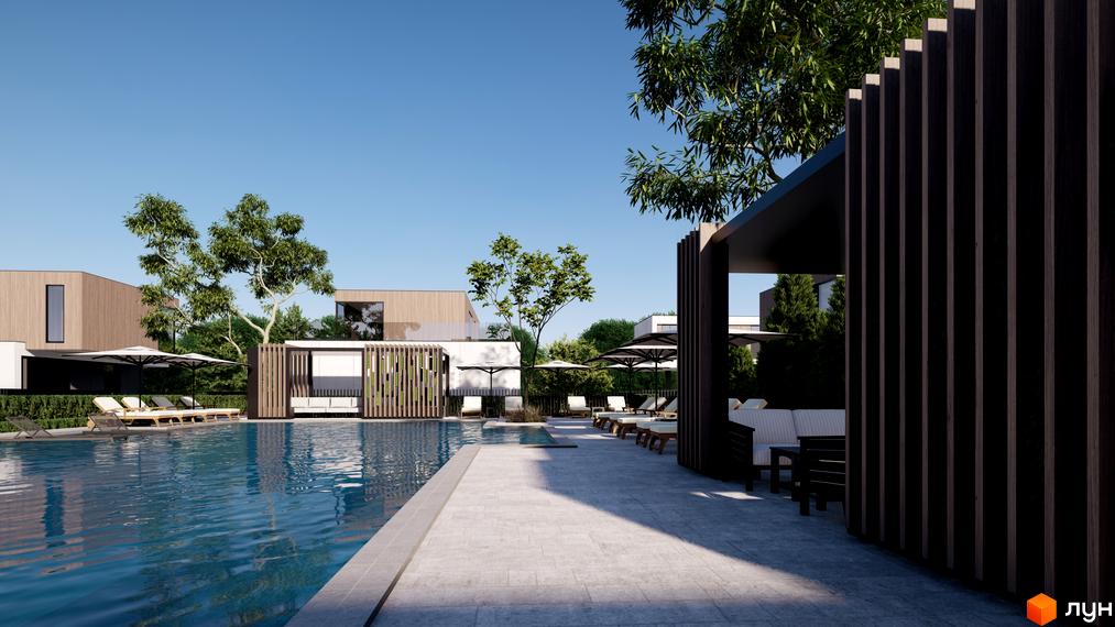 Котеджне містечко San Marco: сучасна архітектура будинків та зона відпочинку біля басейну з шезлонгами та парасолями.