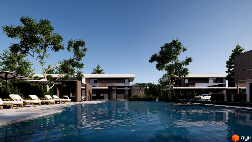 Котеджне містечко San Marco з басейном та зоною відпочинку. Сучасна архітектура будинків та доглянута прибудинкова територія з зеленню.