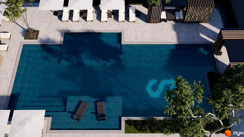 Котеджний комплекс KM San Marco з басейном та зоною відпочинку. Фото новобудови з басейном та шезлонгами.