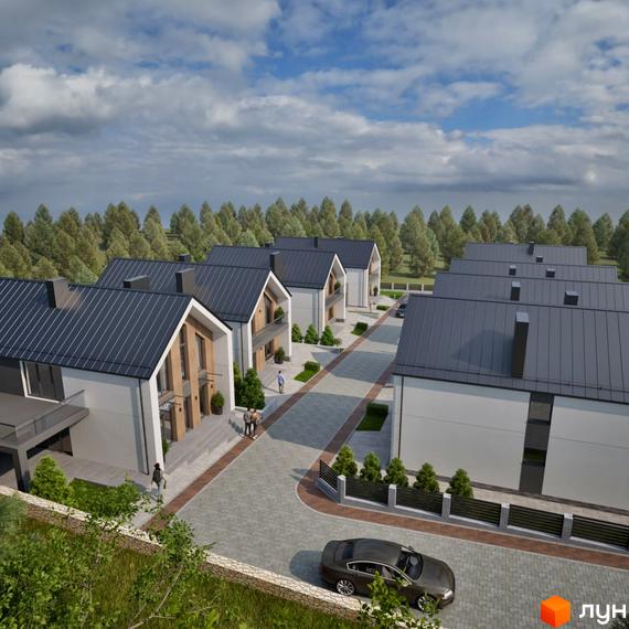 Зовнішній вигляд будинків котеджного містечка Zlagoda-Hills з сірими дахами та білими стінами, розташованих на фоні лісу. Прибудинкова територія з доглянутими газонами та бруківкою.