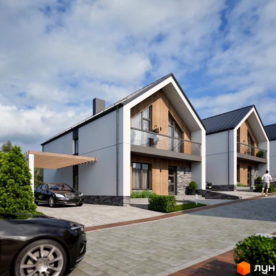 Котеджне містечко Zlagoda-Hills: фасади будинків з дерев'яними вставками та скляними балконами, прибудинкова територія з автомобілями та зеленими насадженнями.